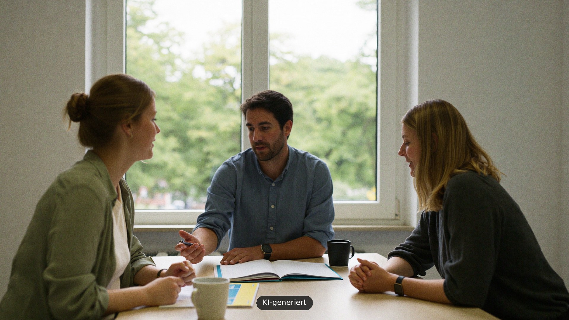 Drei Fachkräfte besprechen am Besprechungstisch die Ergebnisse eines Auswahlverfahrens, KI-generiertes Bild