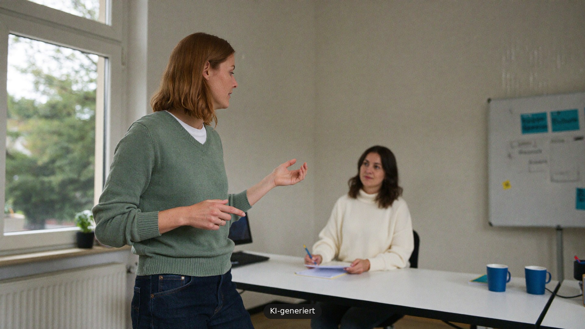 Beobachterin im Gespräch mit einer Teilnehmerin während eines Development Centers, KI-generiertes Bild